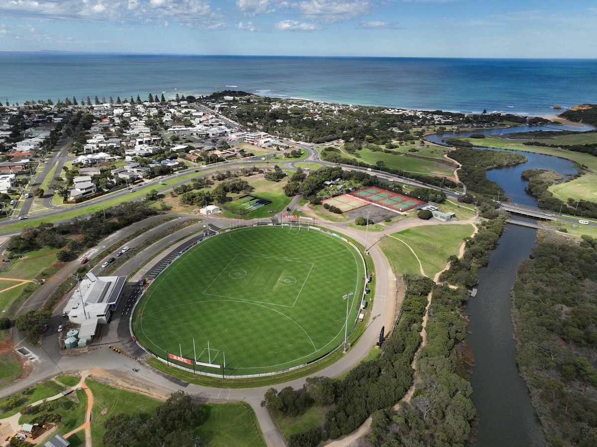 A drone shot of Spring Creek Oval. A $2.4m reconstruction of the ground, funded by the Surf Coast Shire, was also completed this week. Photo: Supplied.