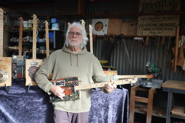 McKinnon's Brookwood Steampunk Guitars are inspired by 19th century industrial steam-powered machinery. Photo: Nathan Rivalland.