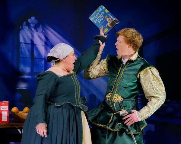 The show combines the classic costuming, set and Shakespearean language with German songs, modern elements and English subtitles to create a unique theatre experience. Pictured: Teresa Ingrilli and Nicholas Beecher. Photo: Phil Thomson.