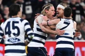 Mark Blicavs Geelong celebrating goal AFL Qualifying Final MCG