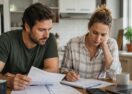Couple reviewing bills, a laptop and household budget documents at a kitchen table.