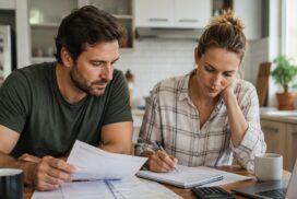Couple reviewing bills, a laptop and household budget documents at a kitchen table.