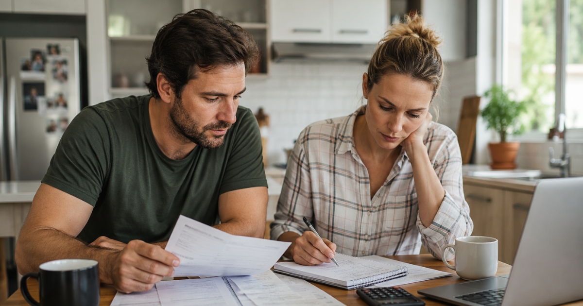 Couple reviewing bills, a laptop and household budget documents at a kitchen table.