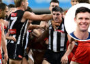 Brayden Maynard charges into the half-time melee as Ben Long looks on during Gold Coast’s clash with Collingwood at People First Stadium. Picture: AAP/Dave Hunt