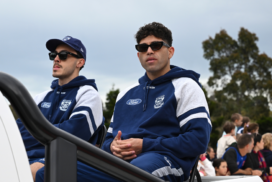 Tyson Stengle with Geelong teammate Brad Close at the AFL Grand Final Parade