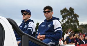 Tyson Stengle with Geelong teammate Brad Close at the AFL Grand Final Parade