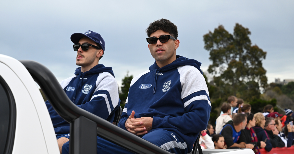 Tyson Stengle with Geelong teammate Brad Close at the AFL Grand Final Parade