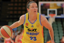 Kelsey Griffin Bendigo Spirit captain mentoring young teammates during WNBL training
