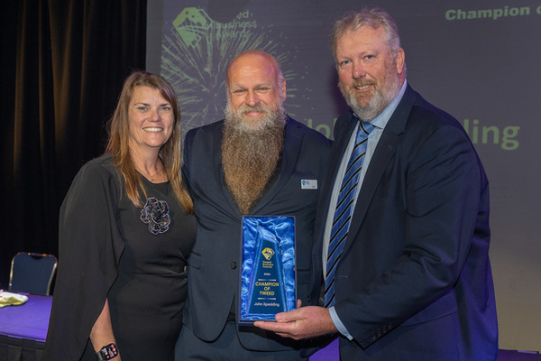 From left to right: Donna Spedding, Tweed Chamber of Commerce president Col Usher and John Spedding with his Champion of the Tweed trophy. Photo: Fotoforce Photography.