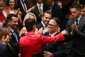 NSW Treasurer Daniel Mookhey hugs families and communities minister Kate Washington after delivering the 2025/26 state budget at Parliament House, Sydney, Tuesday, June 24. Photo: AAP