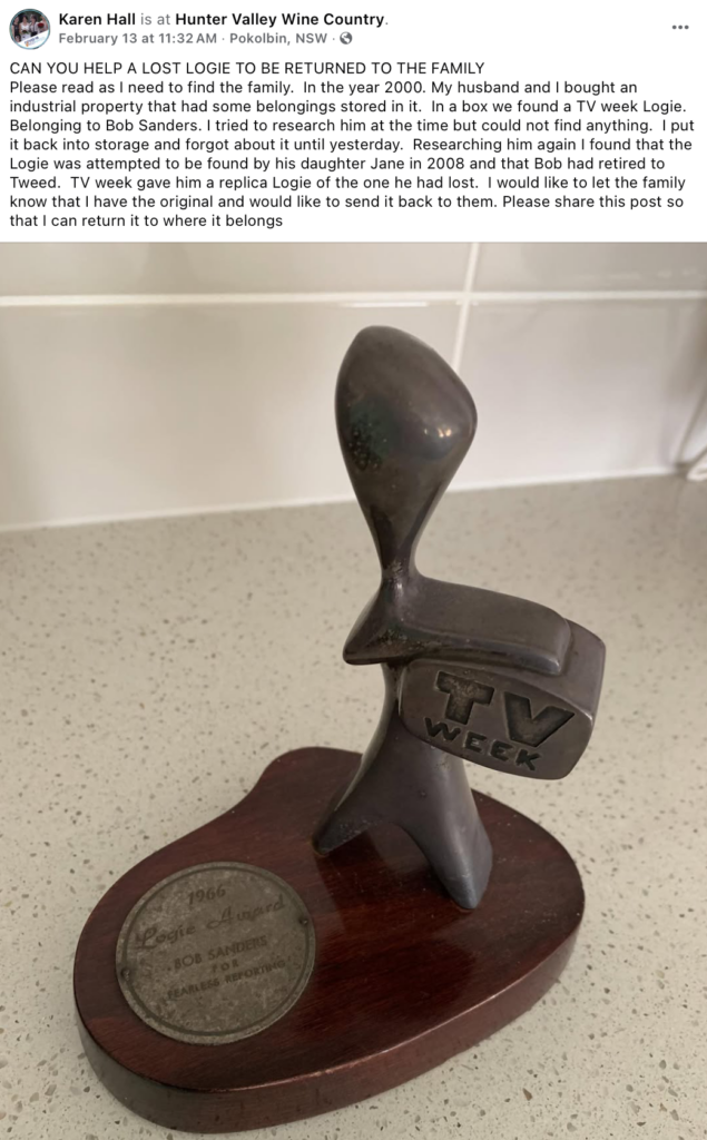 Karen Hall’s Facebook post helped reunite a lost Logie with its family decades after it went missing. Image: FACEBOOK