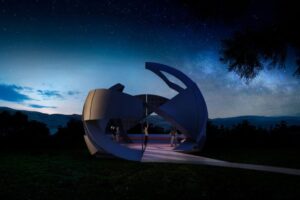 The armillary-inspired steel and concrete structure at the Mallanganee Observatory-Lookout on the Richmond Range, designed to frame the Milky Way overhead. Photo: SUPPLIED