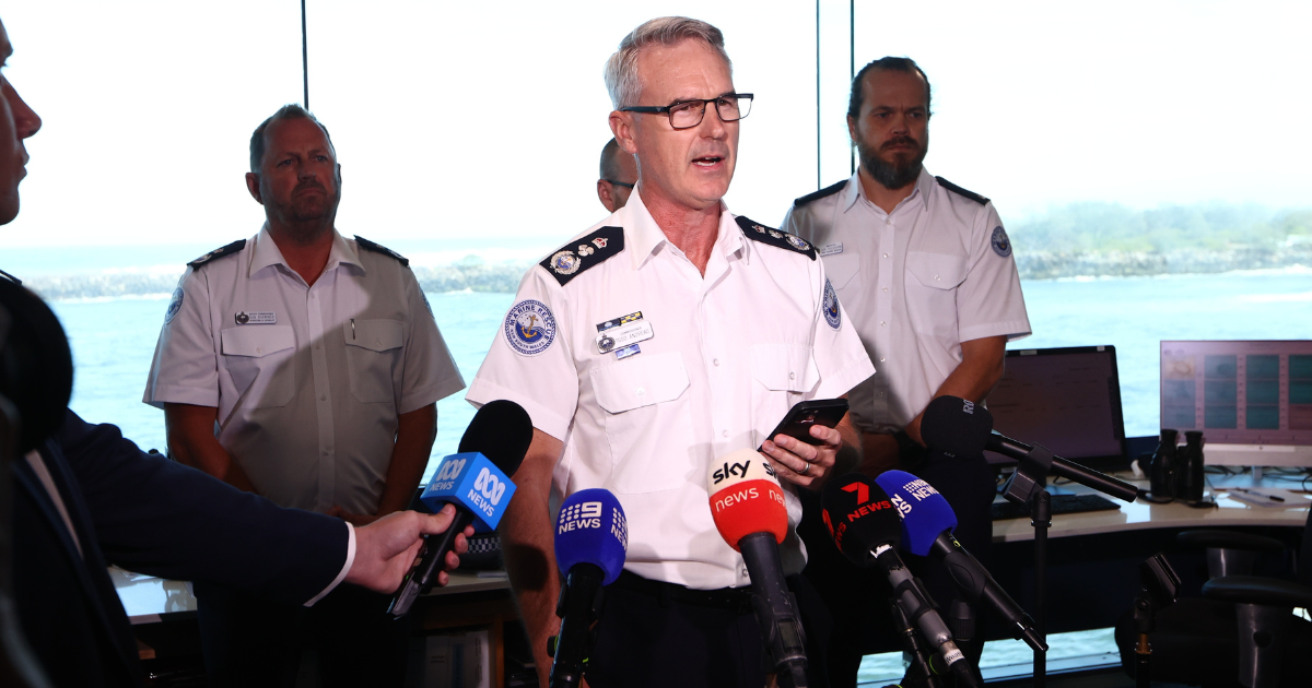 Marine Rescue NSW commissioner Todd Andrews speaks to media at the Marine Rescue Centre in Ballina after a rescue mission left three people dead, May 5. Photo: Jason O’Brien/AAP Image.
