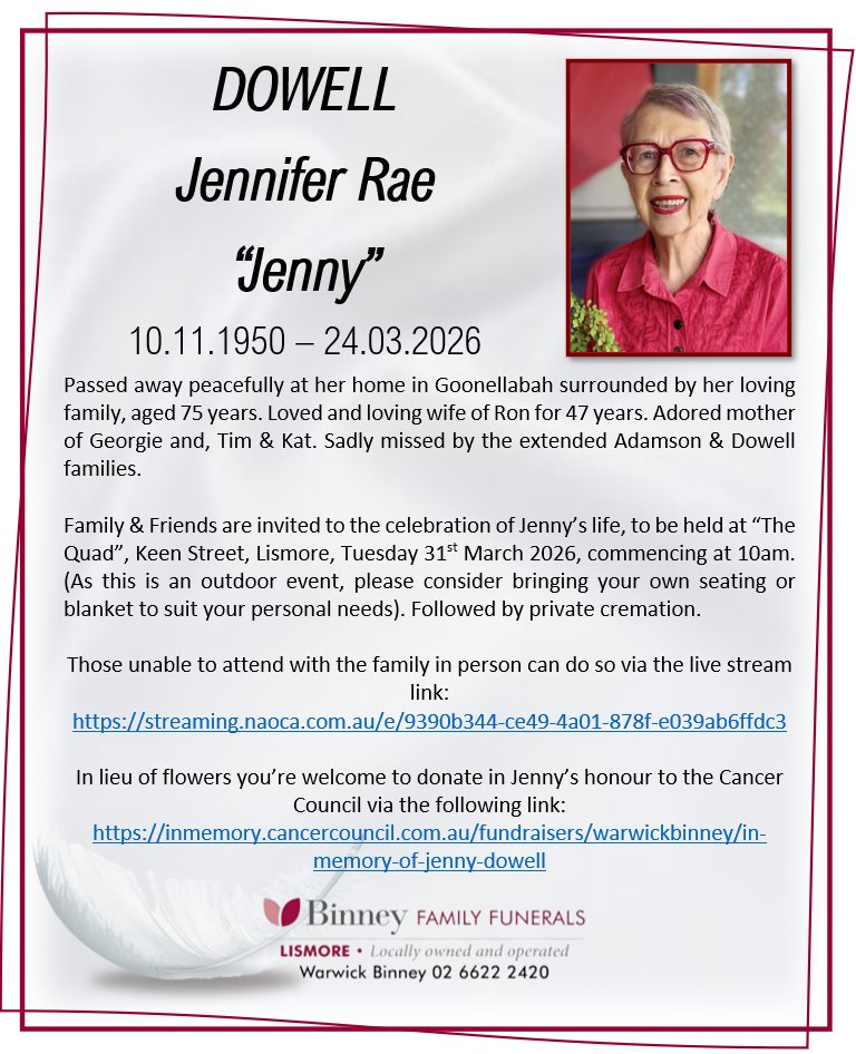 Death notice for former Lismore mayor Jenny Dowell confirming her passing aged 75.