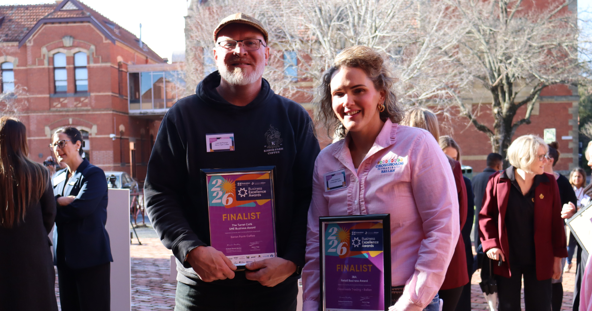 Two 2026 Federation University Commerce Ballarat Business Excellence Awards finalists Luke McPherson from Karon Farm Coffee and Asha Shanahan from Crossroads Trading Ballan. Photo: Edwina Williams