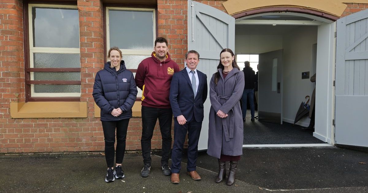 Venue and government partnership manager at AFL Victoria Jessie Doull, Redan Football Netball Club president Justin Rumble, Ballarat Football Umpires Association chair Chris Jones, and City of Ballarat mayor Cr Tracey Hargreaves at City Oval. Photo: Christopher O'Leary.